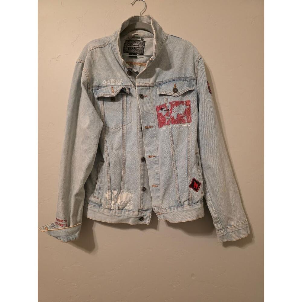 Y2K Denim Jacket Patchwork Graphic Distressed Light Wash Streetwear Grunge